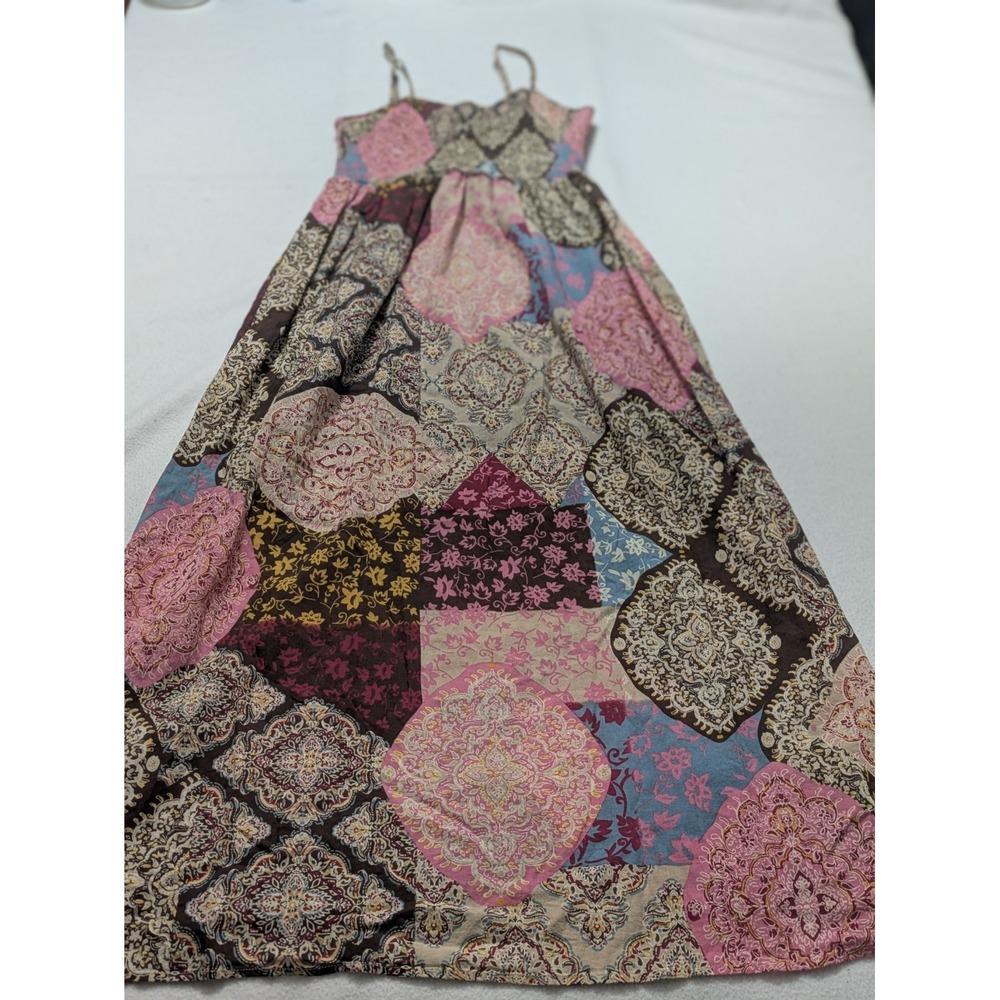 THML‎ Dress Colorful Vacation Patchwork Strappy Beachy Boho Cotton Maxi Sz Small